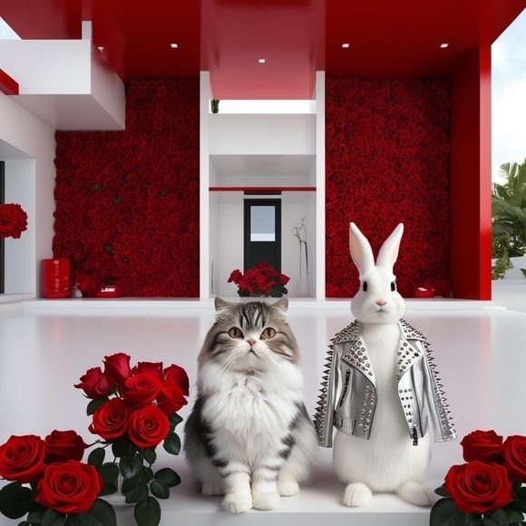 HANDCRAFTED digital art print of fur babies in a contemporary space / roses NWT - Picture 1 of 8